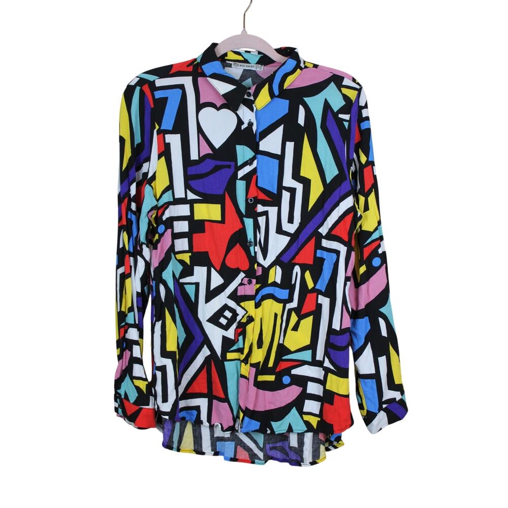 Big‎ Dart Bright Geometric Long Sleeve Button Up Blouse Top Size L